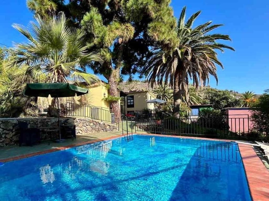 ein Swimmingpool mit Palmen und ein Haus in der Unterkunft Finca Panadera, Ferienhaus in Tijarafe in Tijarafe