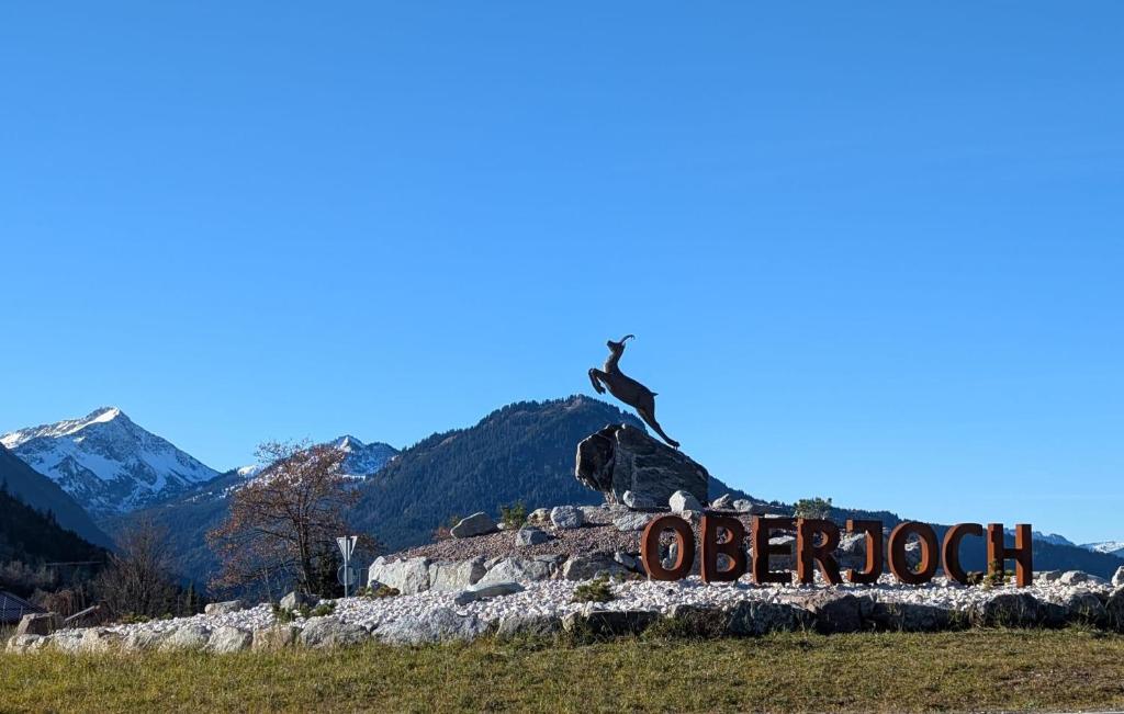 a person sitting on top of a sign on a mountain at Spatz am Joch in Oberjoch