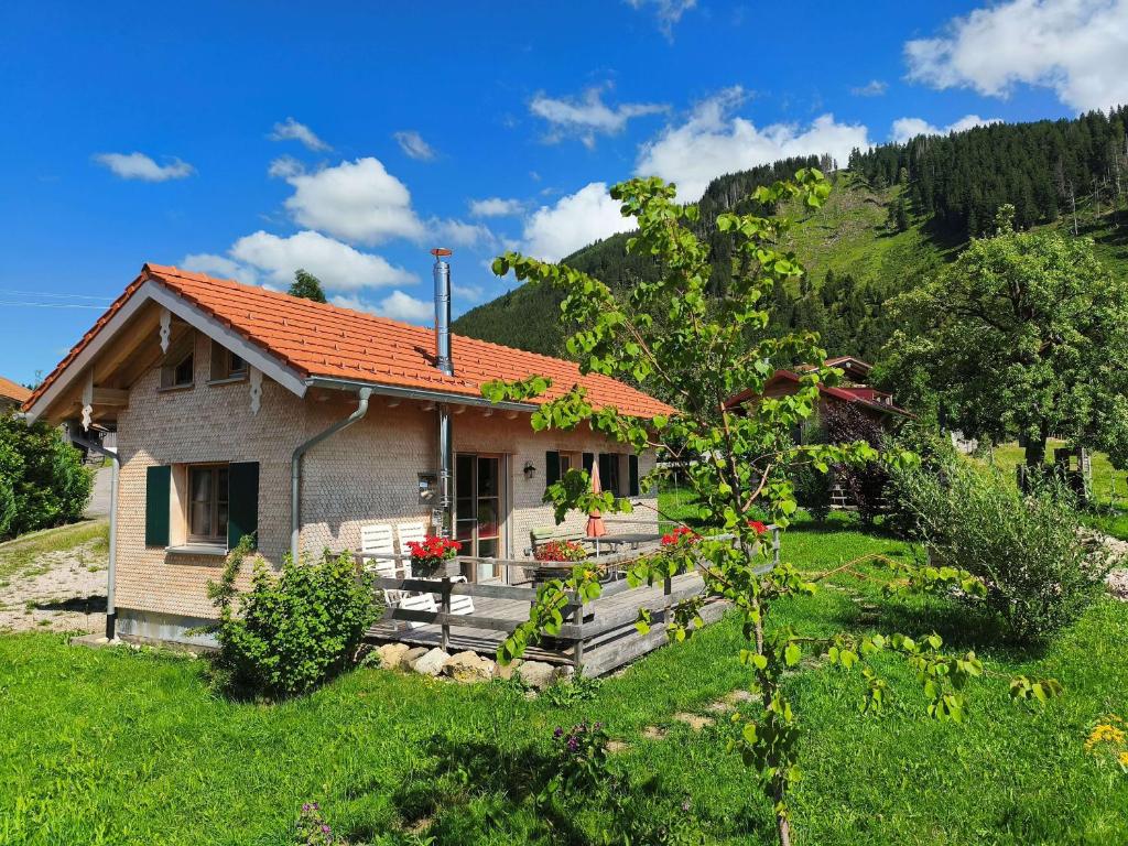 a small house with an orange roof in a field at 4-Sterne Tiny House & erholsame Ruhe und ganz viel Natur im Oberallgäu in Wertach