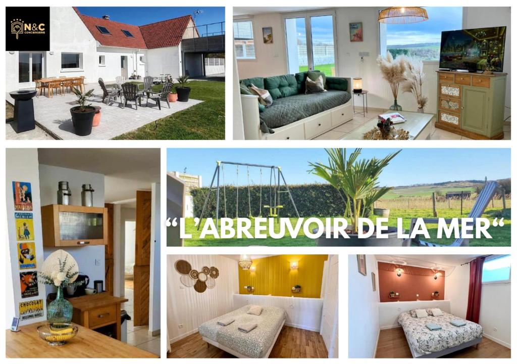 a collage of pictures of a kitchen and a living room at L'abreuvoir de la Mer- villa - plage in Sangatte