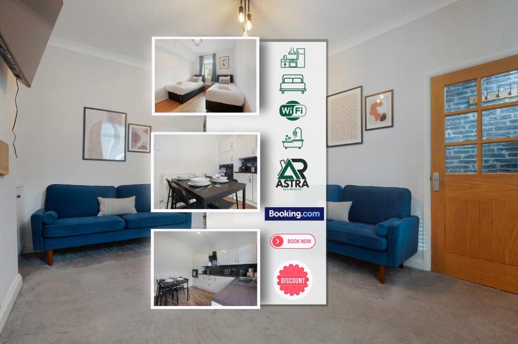 a collage of photos of a living room with blue furniture at Stylish 3BR House - Sleeps 5 - Free Parking in Ferryhill