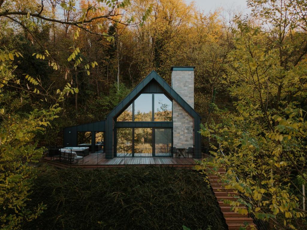 a house in the woods with a large window at Lake Forest Kabin in Bárdudvarnok