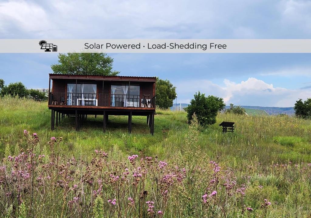 a tiny house in a field with flowers at Rivers Rest Country Cabin in Skeerpoort
