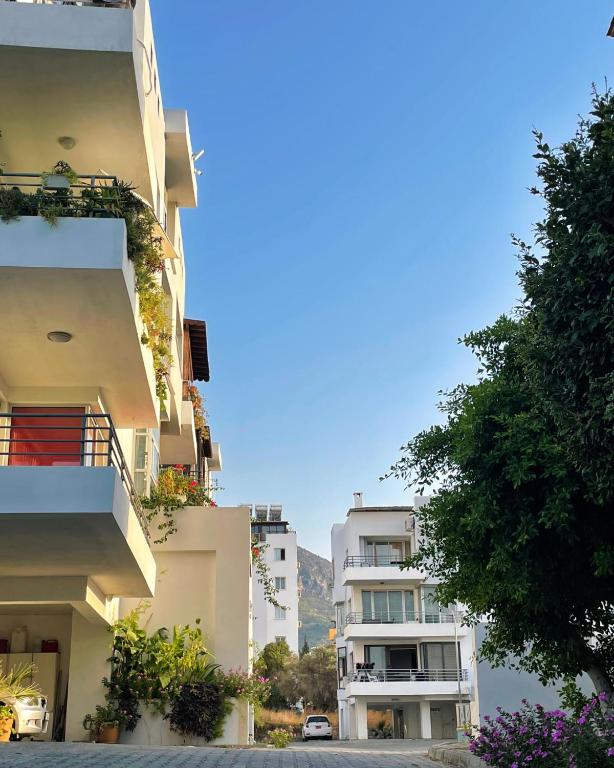 a group of buildings with flowers on the balconies at Rix Hostel Oda Kiralama, Ortak Banyo Mutfak in Kyrenia