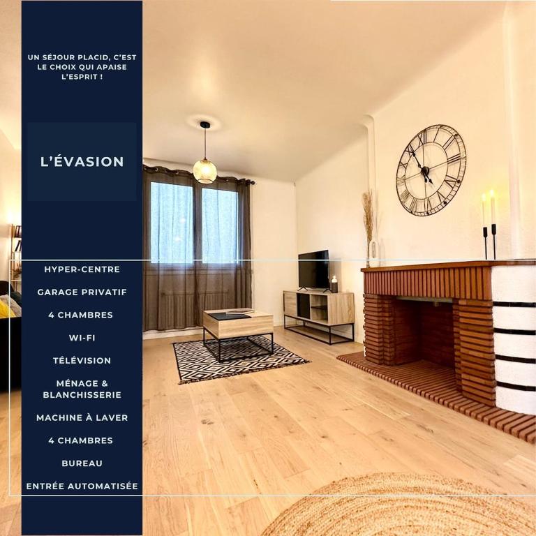 a living room with a fireplace and a clock on the wall at L'Évasion - Centre-Ville & Garage Privé in Mont-de-Marsan