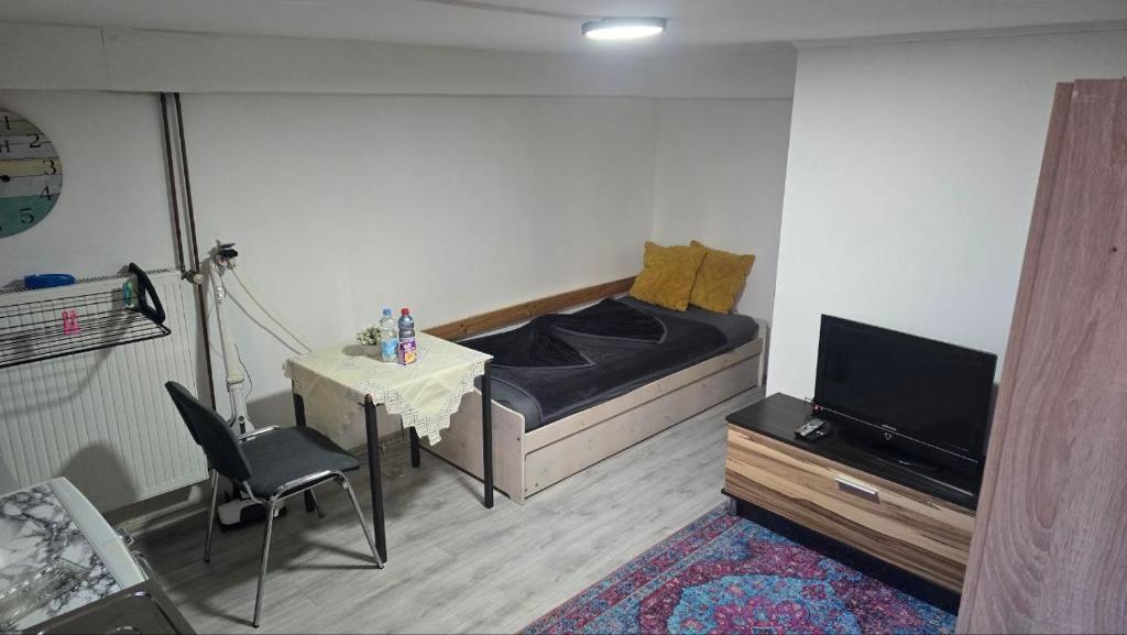 a bedroom with a bed and a table and a tv at Small, cozy tiny apartment, complete in Lichtenau