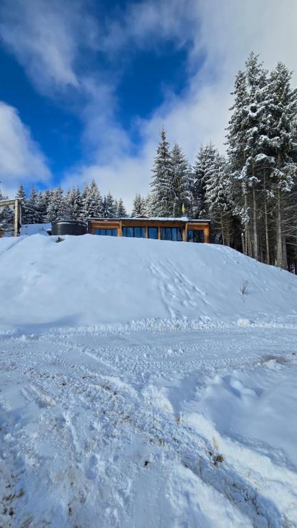 a snow covered hill with a house in the background at Ținutul Lupilor in Colibiţa