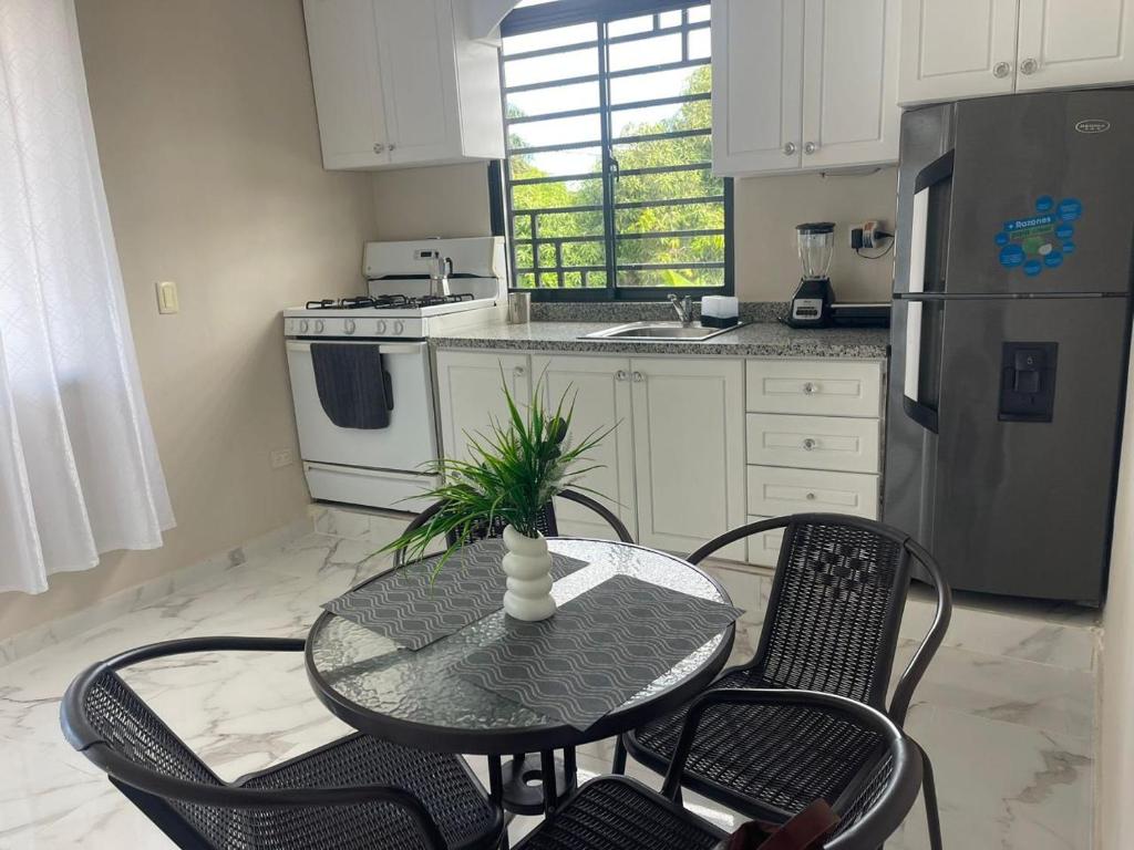 a kitchen with a table and chairs and a kitchen with a refrigerator at Apartamento Piro 1 - 4 pax - a 5 Min De La Playa in Las Galeras