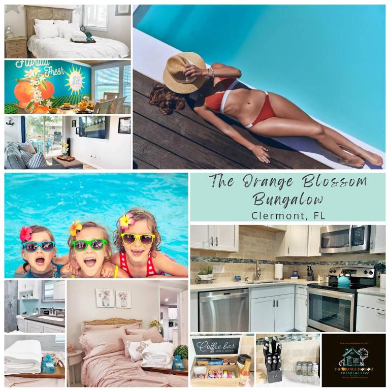 a collage of photos of a woman in a kitchen at FUN! PoolLake near Disney Fast WiFi Pickleball in Clermont