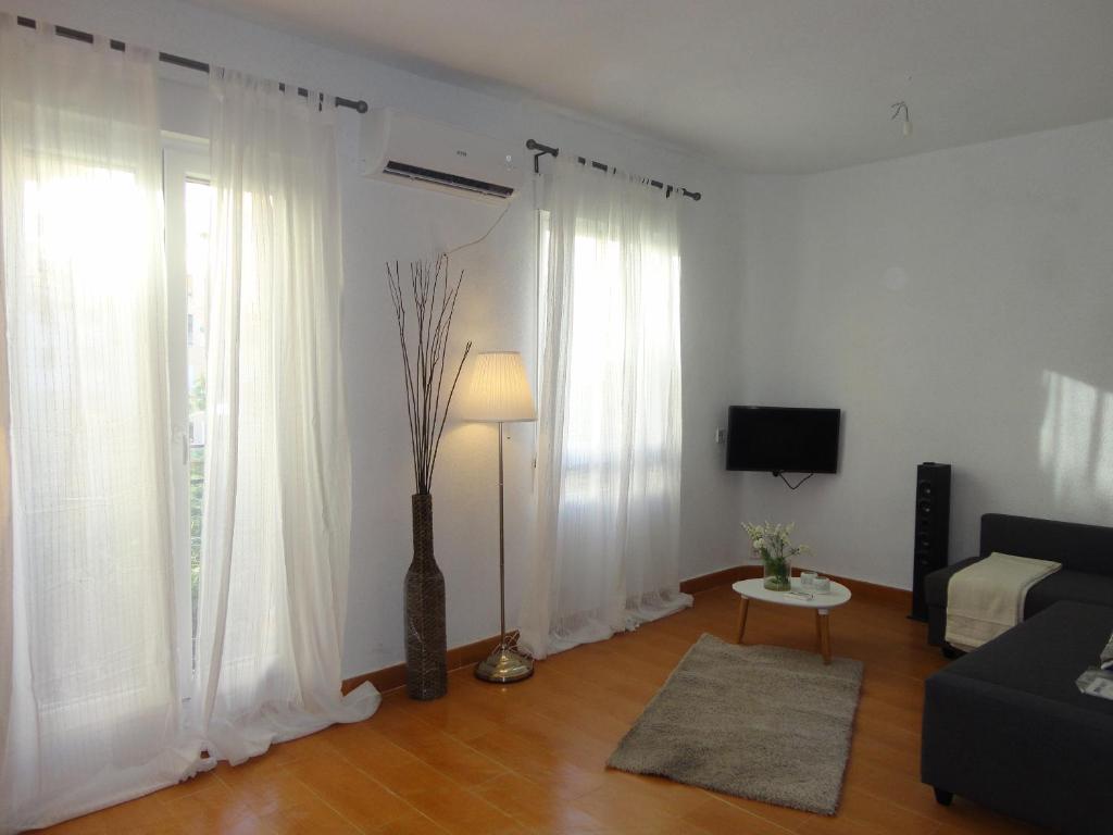 sala de estar con cortinas blancas y sofá en Acacias Apartment, en Madrid