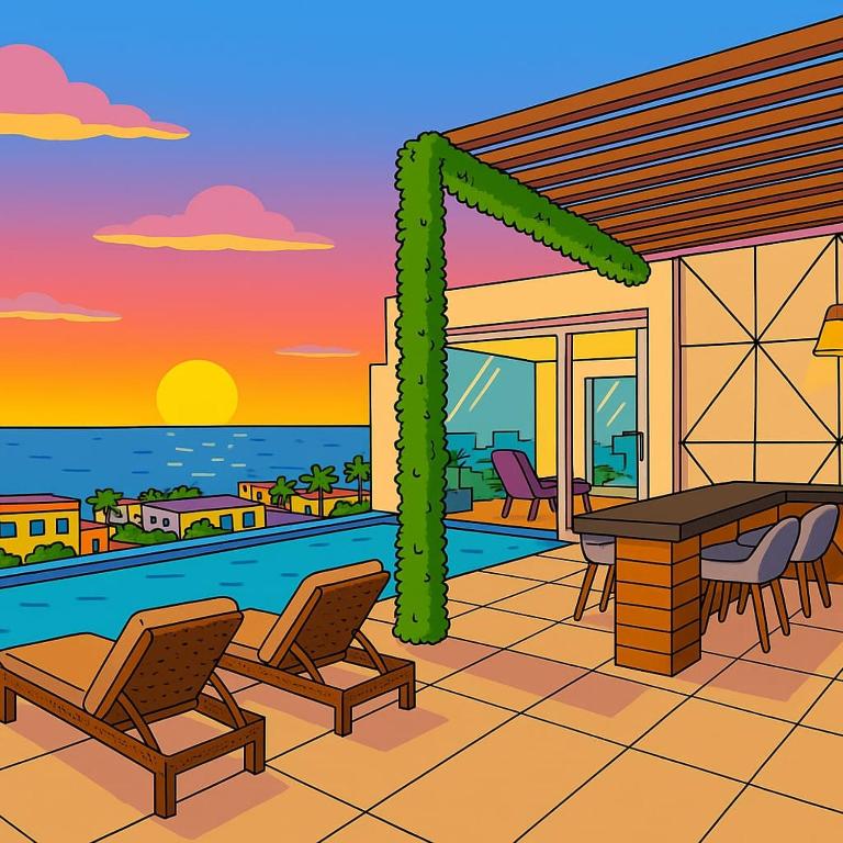 a house with a balcony with a table and chairs at Central Studio - Rooftop Pool Gym Near Beach in Playa del Carmen