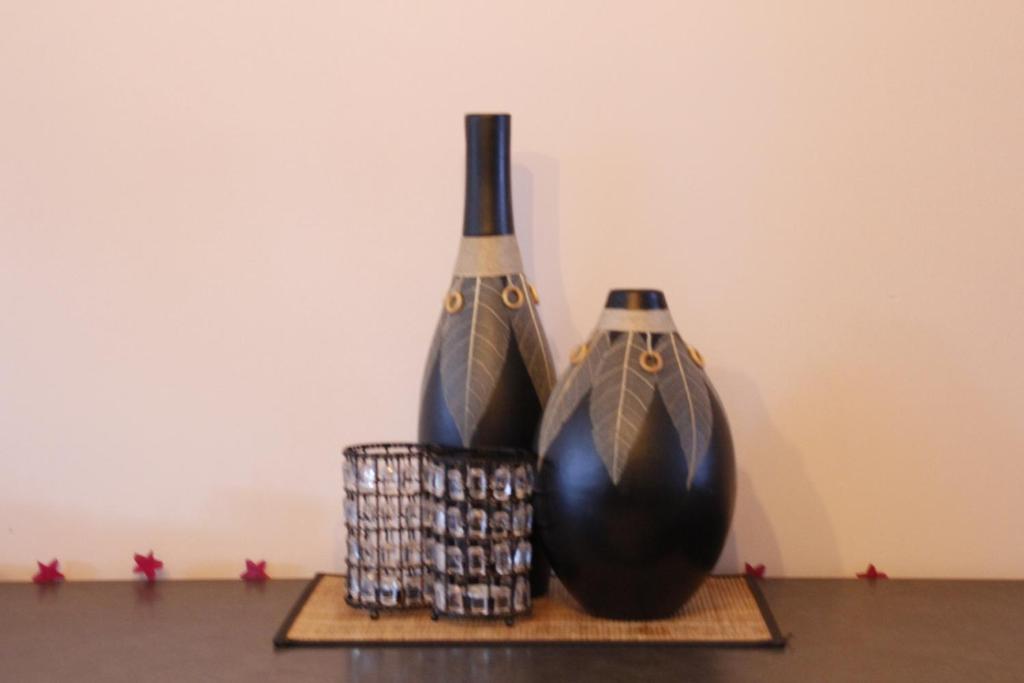 two vases sitting on a wooden shelf next to a wall at Casa Seblina in Ostend