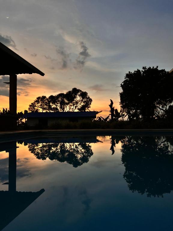 a sunset over a pool of water with trees in the background at Finca privada exclusiva con piscina y jacuzzi Ideal para grupos y celebraciones en Montenegro in Montenegro