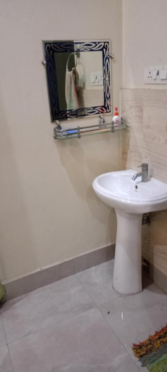 a bathroom with a white sink and a mirror at Meena Sadan in Prayagraj