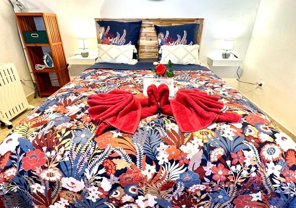 a bed with a colorful bedspread with red roses on it at Gîte Délia Les Makes in Saint-Louis