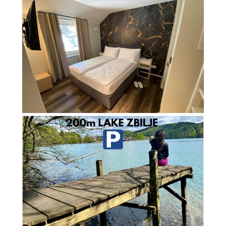 a hotel room with a bed and a pier at Boutique hotel ZBILJE in Zbilje