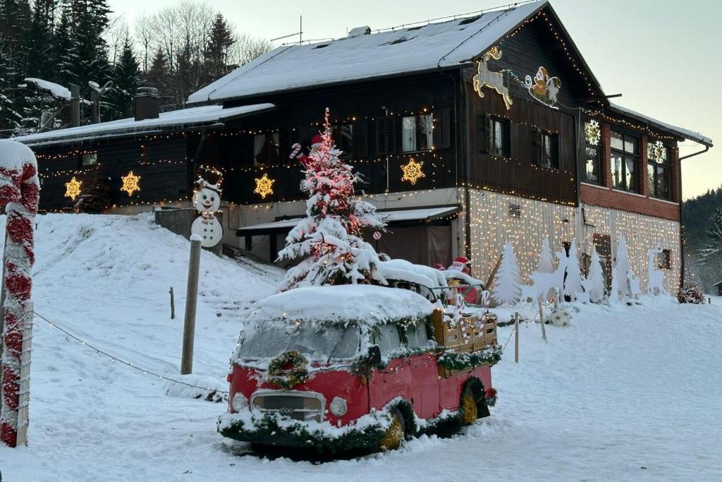 a red van with a christmas tree in front of a building at Mountain Chalet & Spa Makov Hrib in Makov Hrib