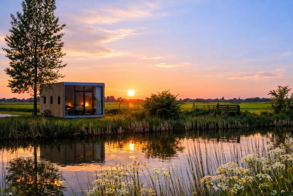 a glass house on the edge of a lake at sunset at Weidesuite bij Leeuwarden. Natuur en 11stedenwater in Weidum