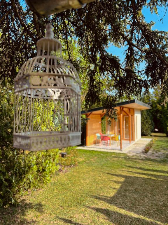 a bird cage hanging from a tree in a yard at Nefelejcs-el vendeghaz in Balatonmáriafürdő
