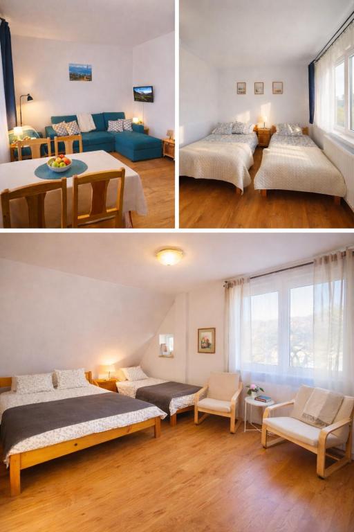 two pictures of a bedroom with two beds and a couch at Apartamenty & Domek Gawędówka in Krościenko