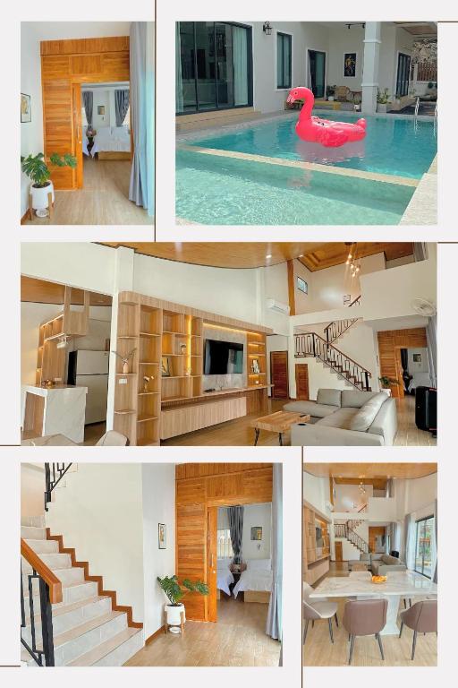 a collage of photos of a house with a swimming pool at Chaisona at Khanom Storey in Ban Phaeng