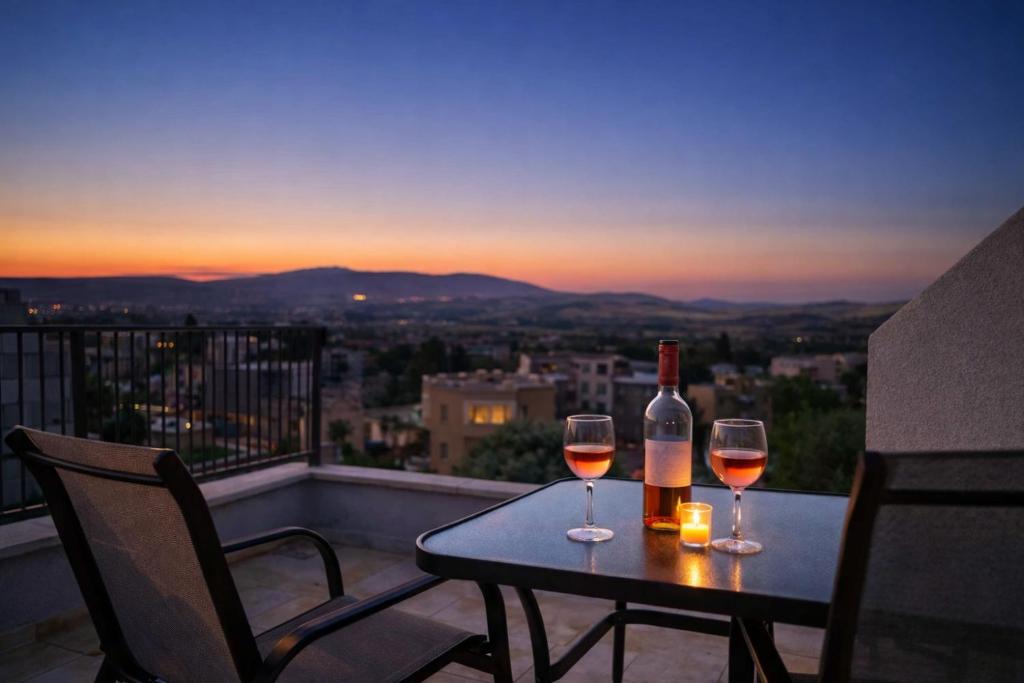 a table with two glasses of wine on a balcony at מול הגלבוע Escape Suite in Gid‘ona