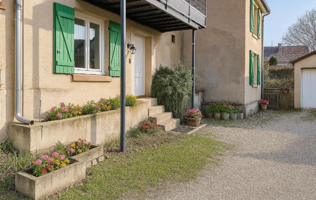 a house with a green window and some flowers at Location Cosy De Plain-Pied in Audincourt
