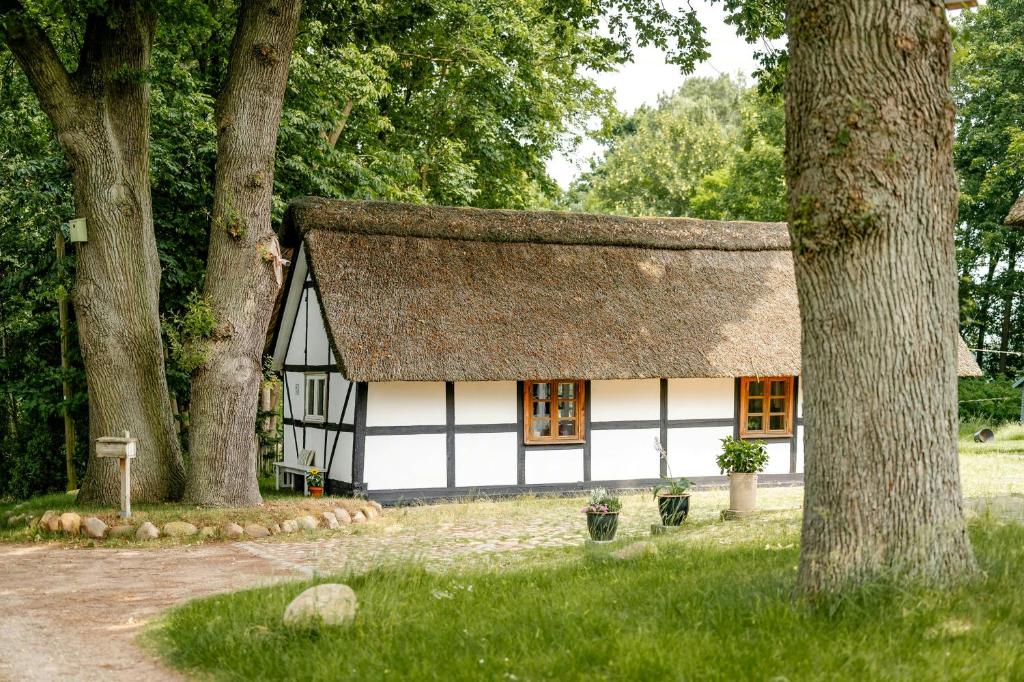 a white and black building with trees in front of it at Romantic Nights Under The Thatched Roof in Scharnebeck
