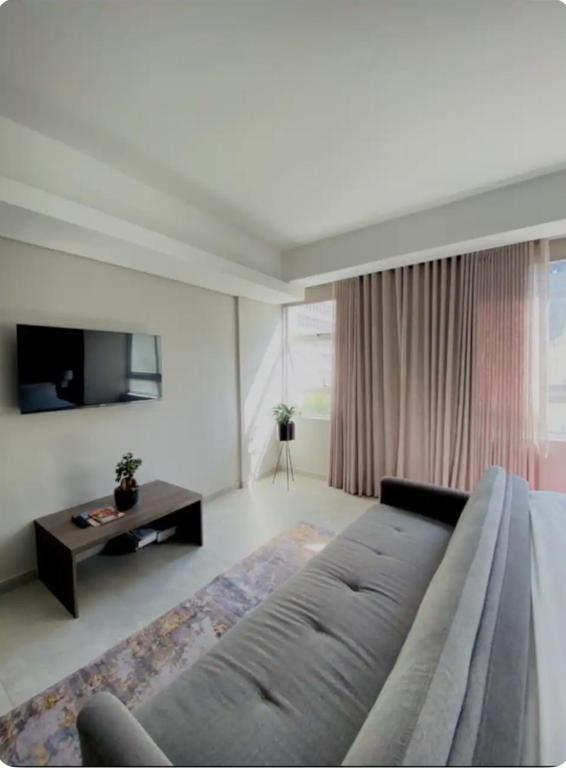 a living room with a couch and a tv at CityNest Hotel Apartment in Cape Town