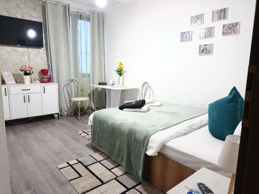 a bedroom with a bed and a table with a tv at Studio M in Timişoara
