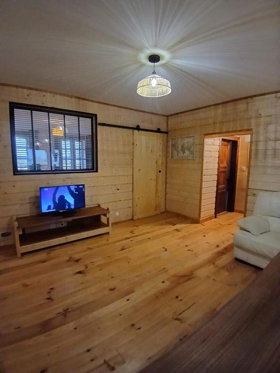 a living room with a couch and a television at Apparemment spacieux in Massat
