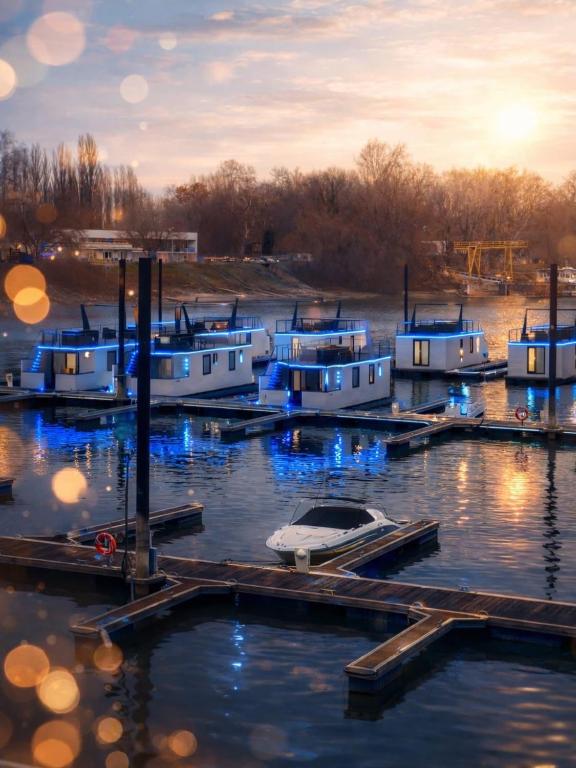 a group of boats docked in a harbor at Prestige Yacht Resort Budapest in Budapest