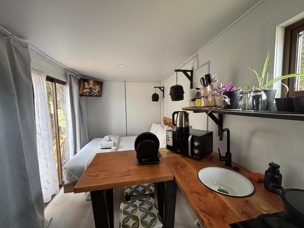 a kitchen with a wooden table in a room at Nomade Balmaceda in Balmaceda