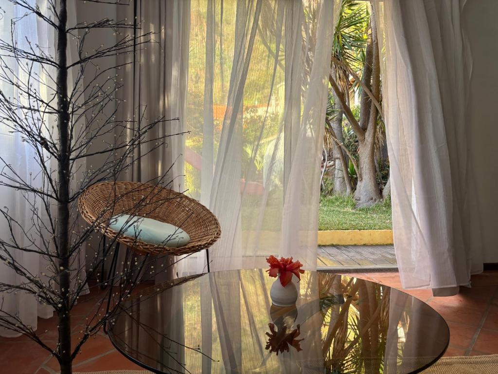 a room with a glass table and a chair and a window at Suite Vigia Jardim in Jardim do Mar
