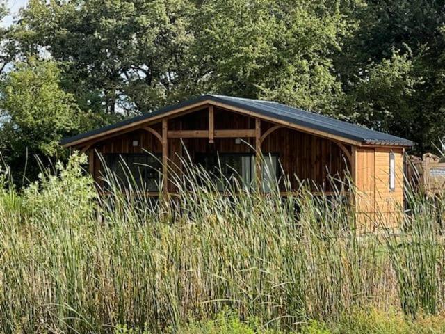 a small wooden shed in a field of tall grass at Les cottages du Tremble in Ruffec