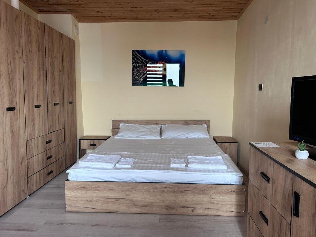 a bedroom with a bed and a flat screen tv at Damyanov residence in Pazardzhik