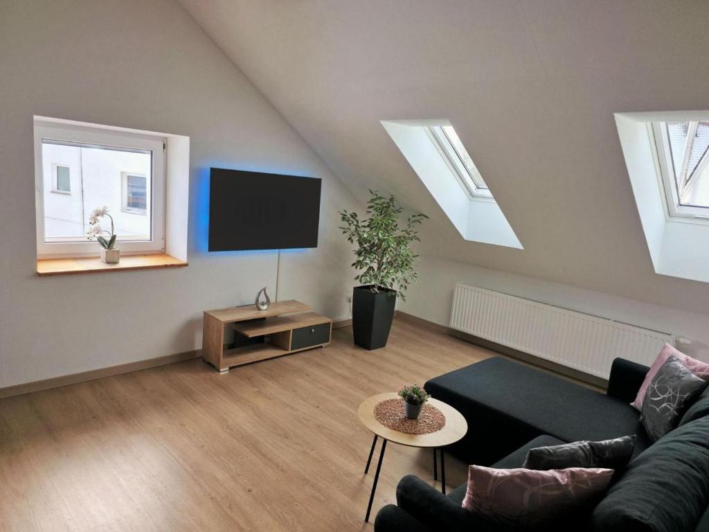 a living room with a couch and a flat screen tv at Ferienwohnung AUSZEIT Ottobeuren in Ottobeuren