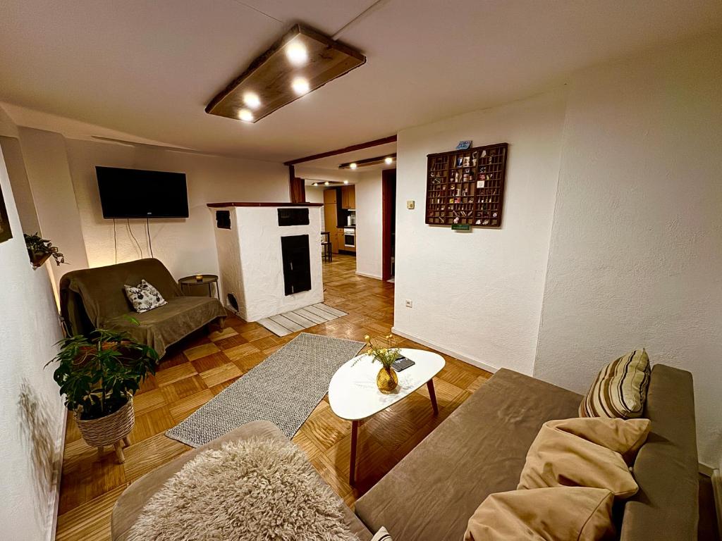a living room with a couch and a table at Genau so - Allgäu! Sau Gemütlich in Maierhöfen
