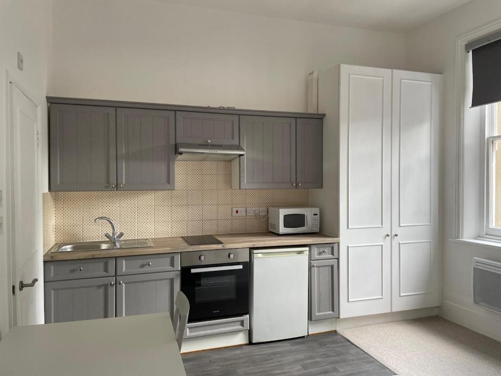 a kitchen with gray cabinets and a white appliance at Self Contained Studio Flat in London
