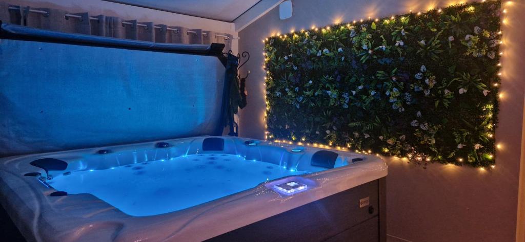 a bathroom with a jacuzzi tub with a plant at Le cabanon du plaisir in Montpellier