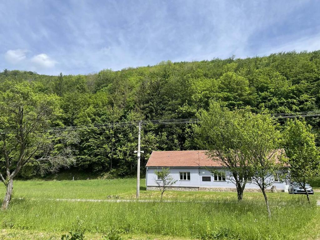 a white house in the middle of a field at Chalupa U Revíru in Chvalčov