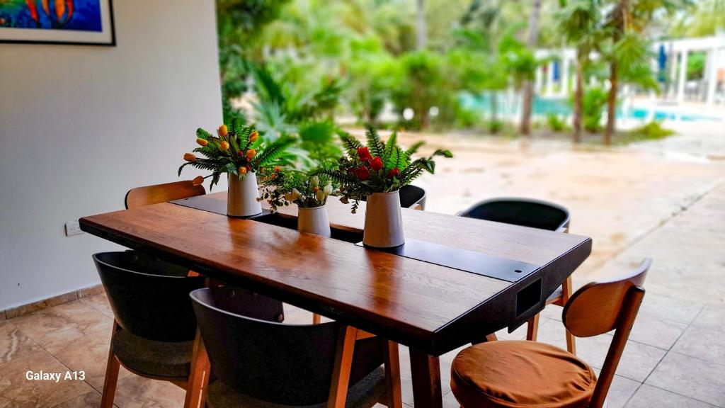 a wooden table with plants in vases on it at Citnos Luxury Accommodation in Telchac Puerto