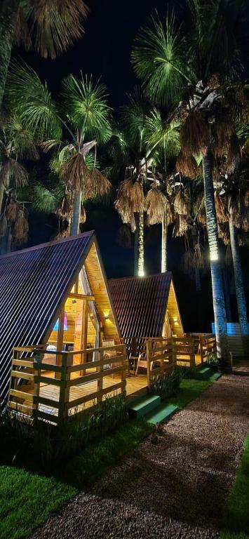 a wooden cabin with palm trees at night at Chalé dos Buritis 02 in Chapada dos Guimarães