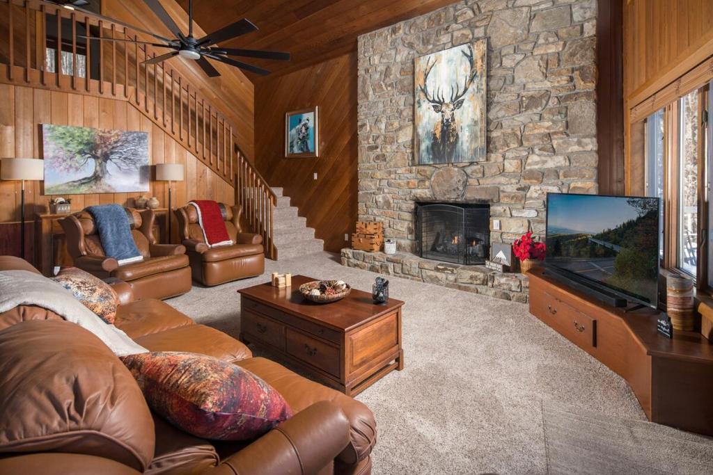 a living room with a couch and a stone fireplace at The Buc's Den in Beech Mountain