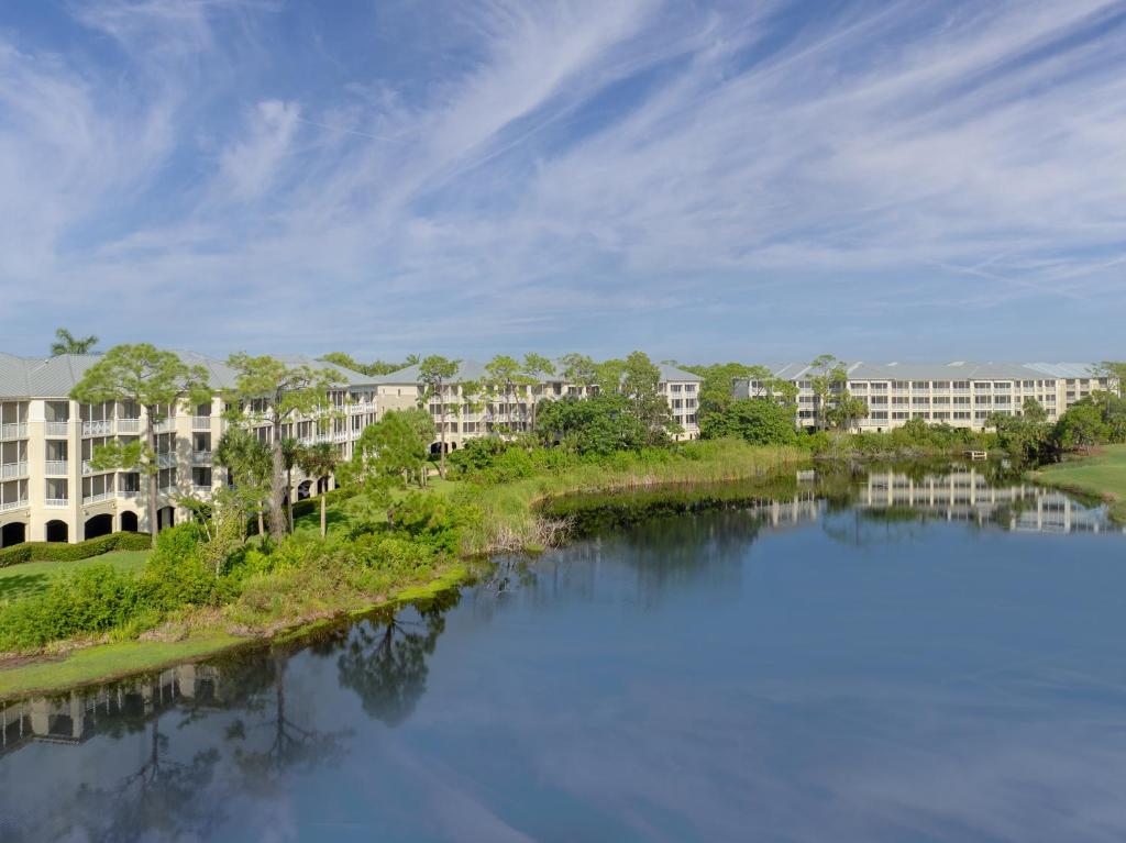 a view of the resort from across the water at Hyatt Vacation Club at Coconut Cove in Bonita Shores