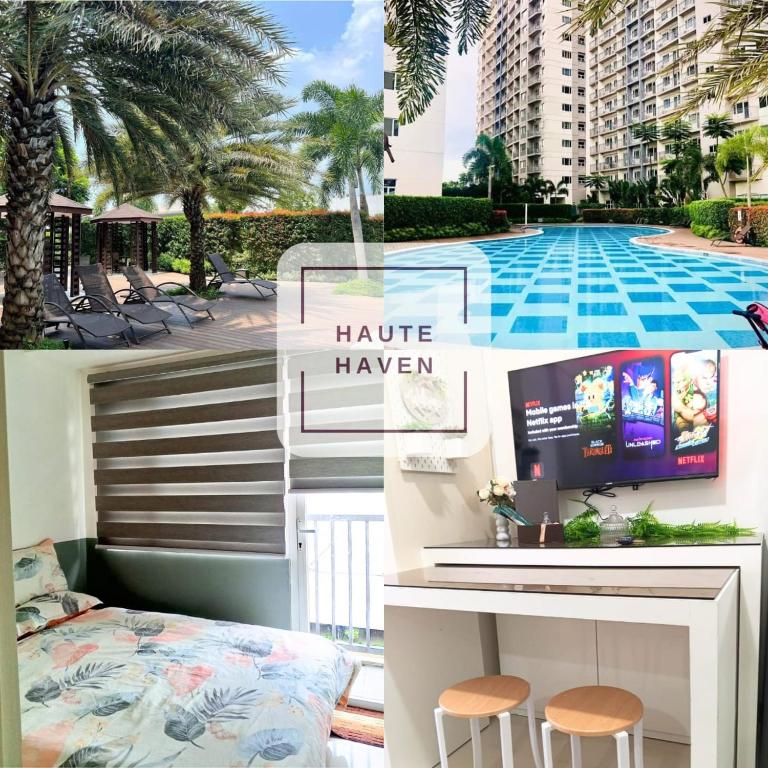 a collage of photos of a hotel with a bed and a pool at Haute Haven - 1br with Balcony in Manila