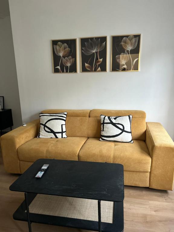 a living room with a brown couch with two pillows at L Écrin d or in Montluçon