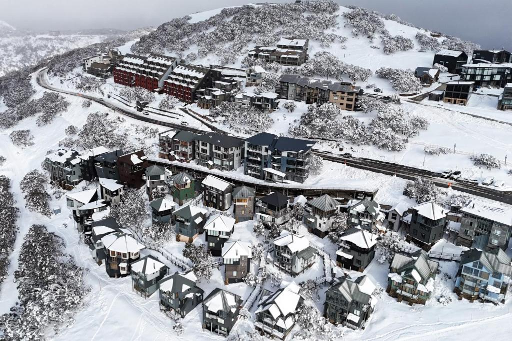 an aerial view of a resort in the snow at Arlberg Hotham in Mount Hotham