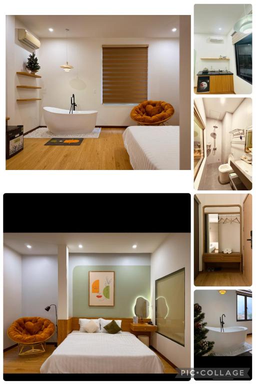 a collage of pictures of a bedroom and a bathroom at Tue Anh Homestay in Cồn Giả Viên