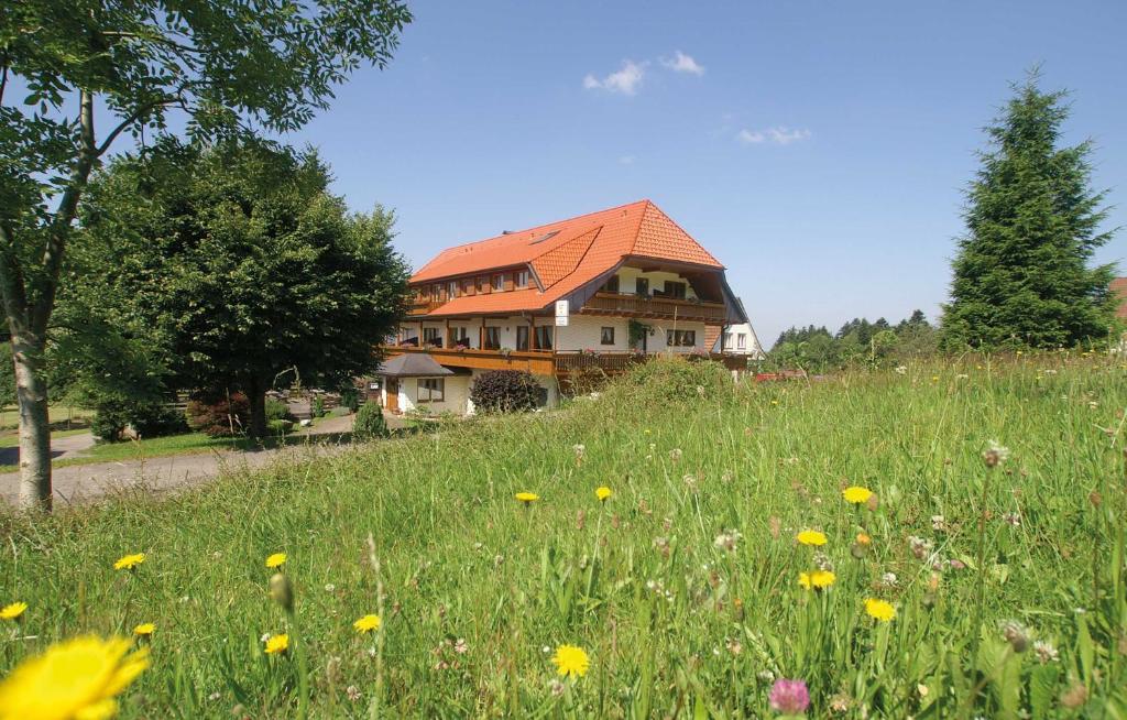 ein Haus auf einem Hügel mit einem Blumenfeld in der Unterkunft Hotel zum Breitenberg in Bad Peterstal